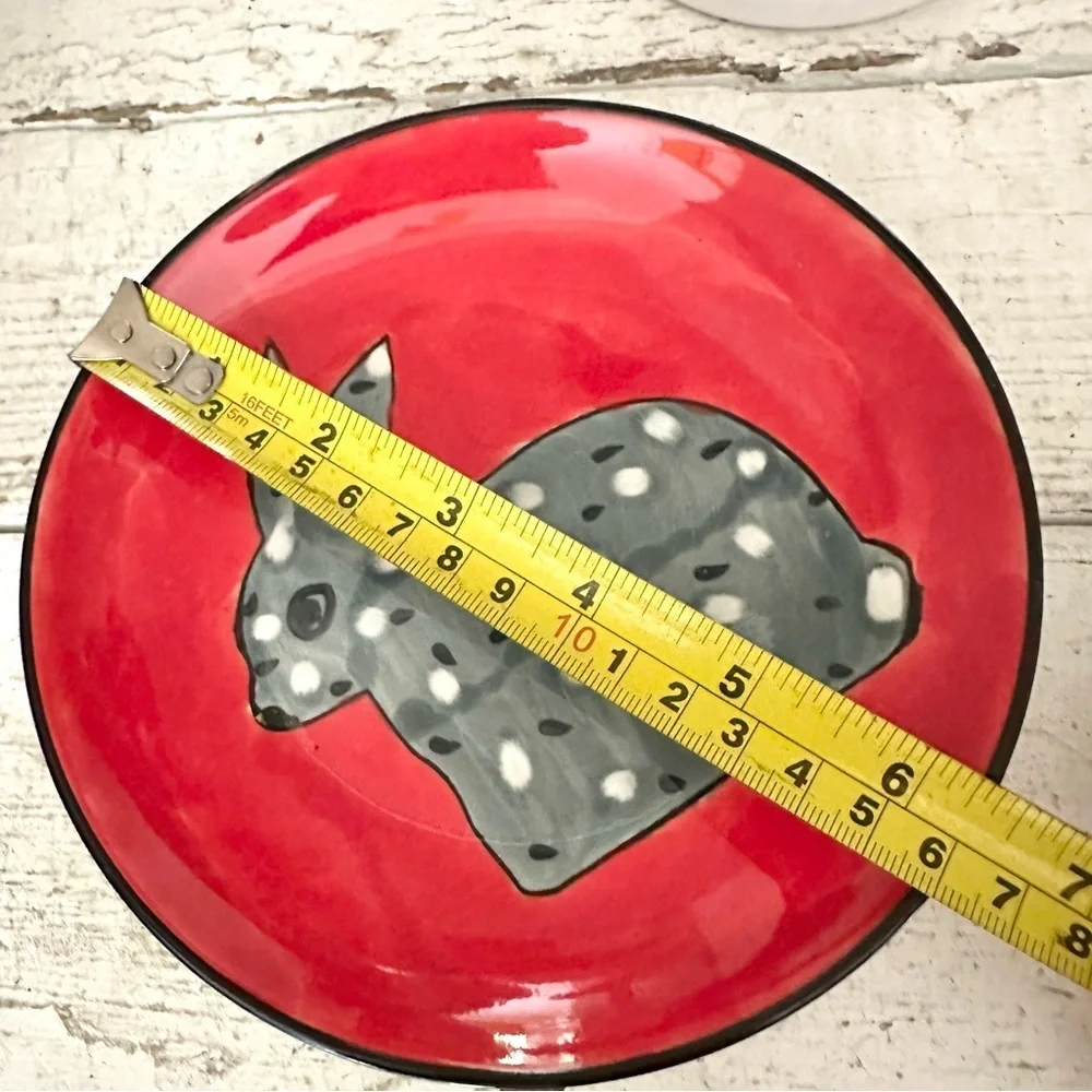 3/$22🩶 West Elm Bunny Rabbit Red Plate 6.25” Handpainted Polka Dot Animal Salad